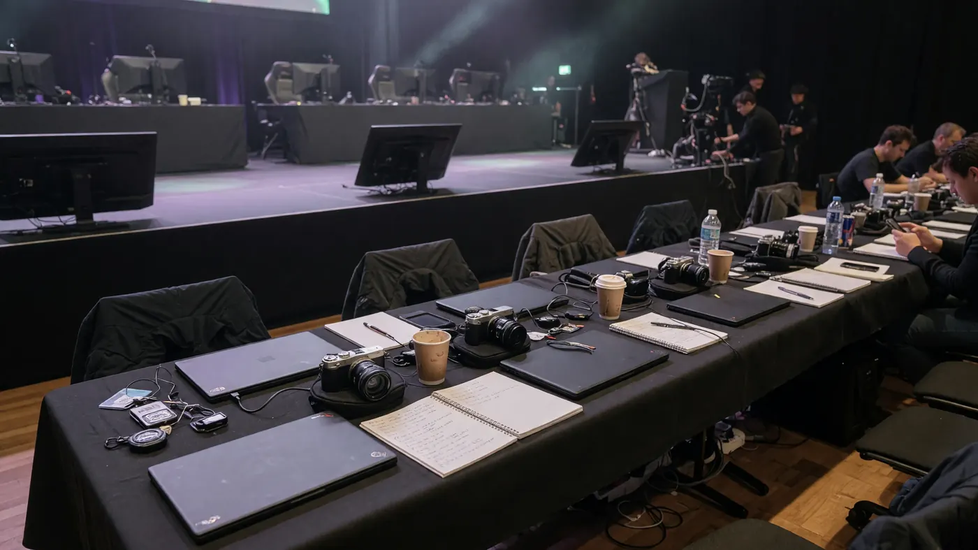 Esports news wire desk with source verification screens