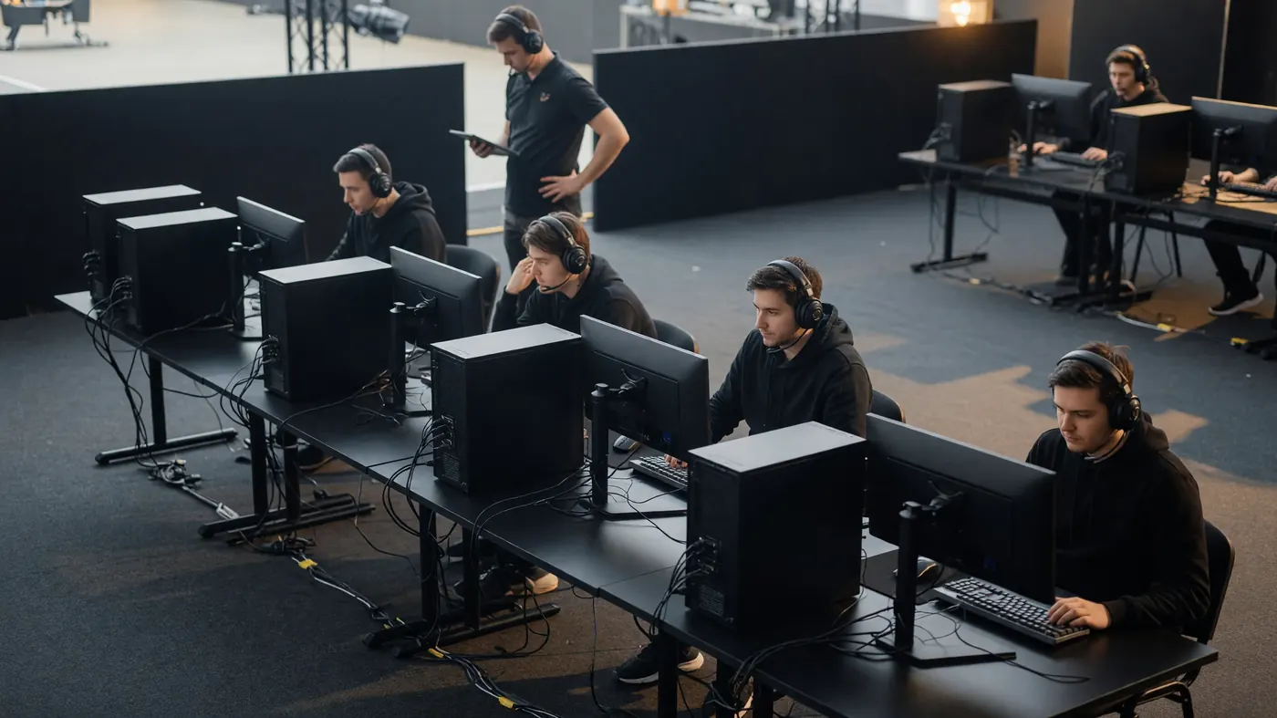 Match day broadcast desk with multiple tactical monitors